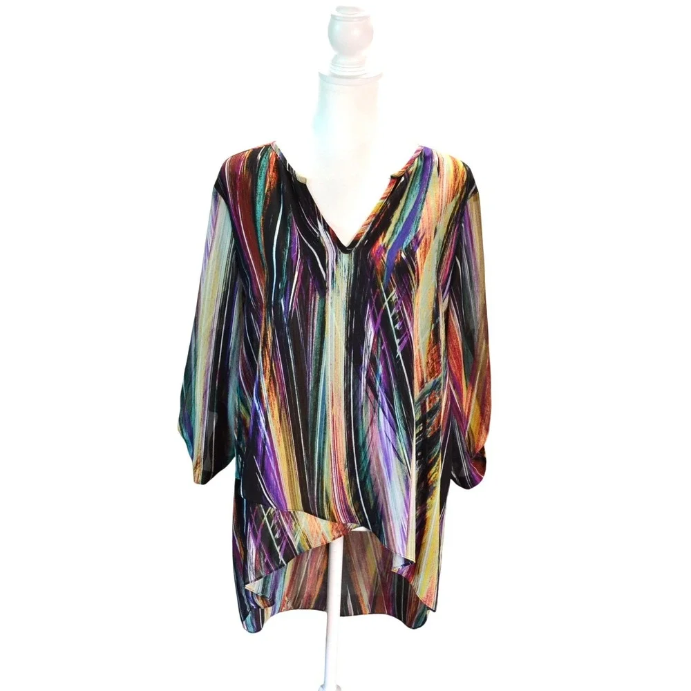 Karen Kane Hi-Low Tunic Blouse Layered Office Evening Bold Spring Multicolor M